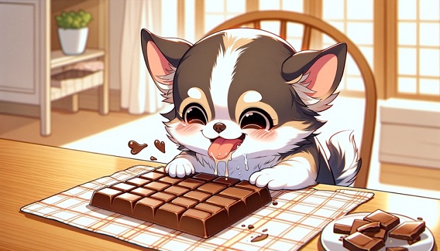 テーブルの上のチョコレートを見つけたチワワ