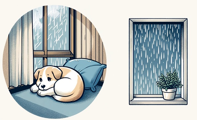 雨で元気がない犬