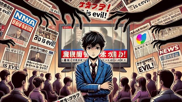 リップマンの疑似環境とステレオタイプを象徴するアニメ風イラスト。メディアに操られる日本人男性