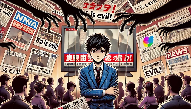 リップマンの疑似環境とステレオタイプを象徴するアニメ風イラスト。メディアに操られる日本人男性