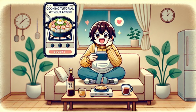 麻酔的逆機能によってレシピ動画を見るだけで満足し、料理を作らない日本人キャラクター